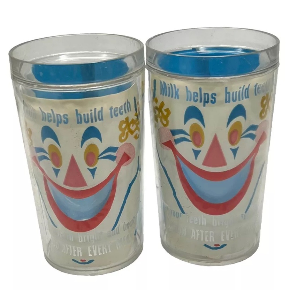 Vintage Creepy Clown Dental Ad Retro Plastic Clear Cups Set Of 2 5” Tall